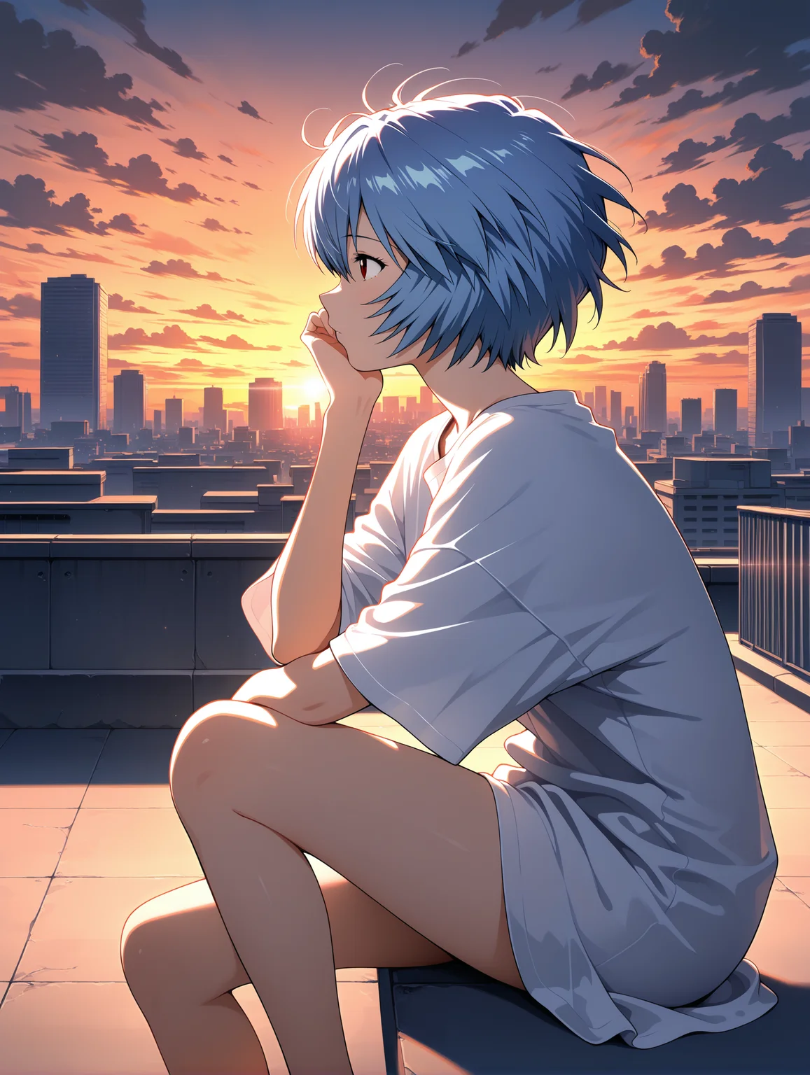 lighting,1girl,ayanami rei,oversized shirt,bare legs,sitting on rooftop,sitting on edge,looking to looking to the side,hand on own face,(wind),sunset,cloudy sky,cityscape,full shot,from from side,
,masterpiece,best quality,amazing quality,