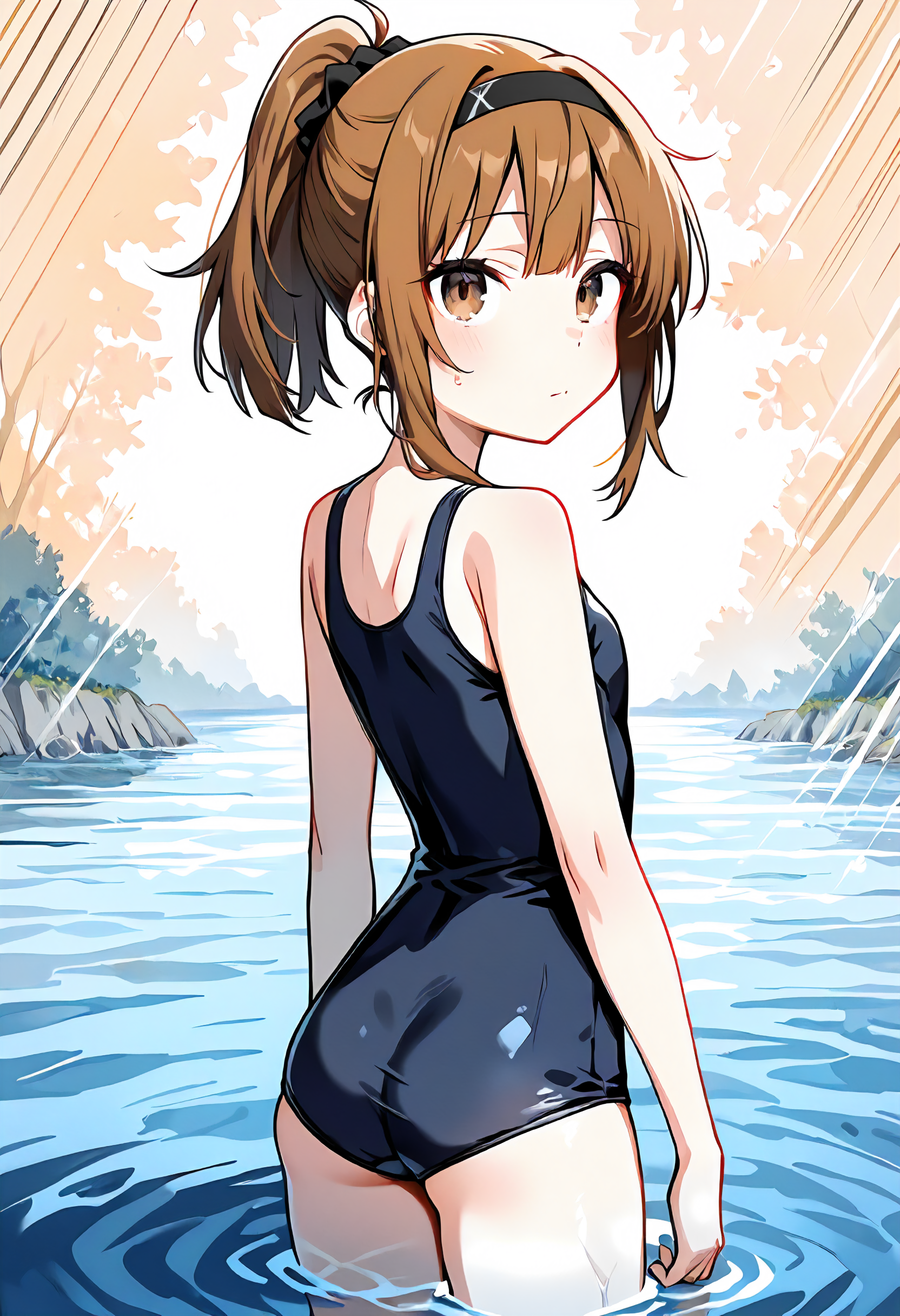 masterpiece, best quality, amazing quality, very aesthetic, absurdres, newest, scenery, perfect eyes, ultra detailed, faded colors, faded lines, watercolor,
1girl, brown hair, black hairband, bangs, brown eyes, ponytail, 
school swimsuit, 
standing, looking at viewer, from behind,
beack background, in the water, detailed background, beautiful frame,
<lora:æªç´å­__8154edrn_-_Artist_Style_-_Illustrious:1>1>
masterpiece, best quality, amazing quality, very aesthetic, absurdres, newest, scenery, perfect eyes, ultra detailed, faded colors, faded lines, watercolor,