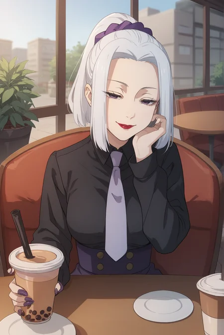 score_9, score_8_up, score_7_up, score_6_up, score_5_up, score_4_up, BREAK source_anime, 1girl, solo,
<lora:MeimeiXL-v1-06:0.8>, ChopioMeiMei, white hair, looking at viewer,
medium breasts, purple nails,
medium hair, high ponytail, sidelocks, hair scrunchie, parted bangs, purple eyes, half-closed eyes, red lipstick,
outfit_2, black shirt, shirt tucked in, necktie, purple skirt, high-waist skirt,
cafe, window, potted plant, table, bubble tea, head rest,
sitting, smile,