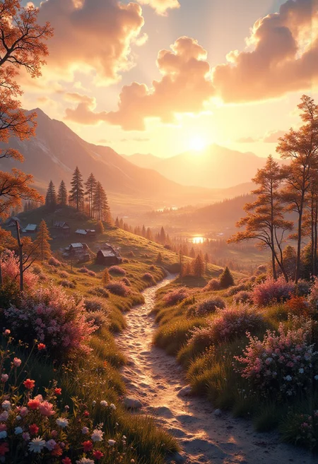 A peaceful nordic winter countryside scene bathed in the warm glow of golden hour, where soft light transforms the landscape into a tranquil haven. Gentle palette captures the serenity of the moment, infusing the fields and sky with harmonious hues. Dreamlike quality adds an ethereal touch, blurring the lines between reality and imagination as clouds drift lazily overhead. Meanwhile, Boris Vallejo’s fantastical elements introduce a sense of wonder, perhaps featuring whimsical creatures or enchanting flora that invite the viewer to explore this idyllic setting. Together, these artistic styles create a serene composition that celebrates the beauty and magic of rural life, evoking a feeling of peace and contentment.
(8k uhd:1,4), max details