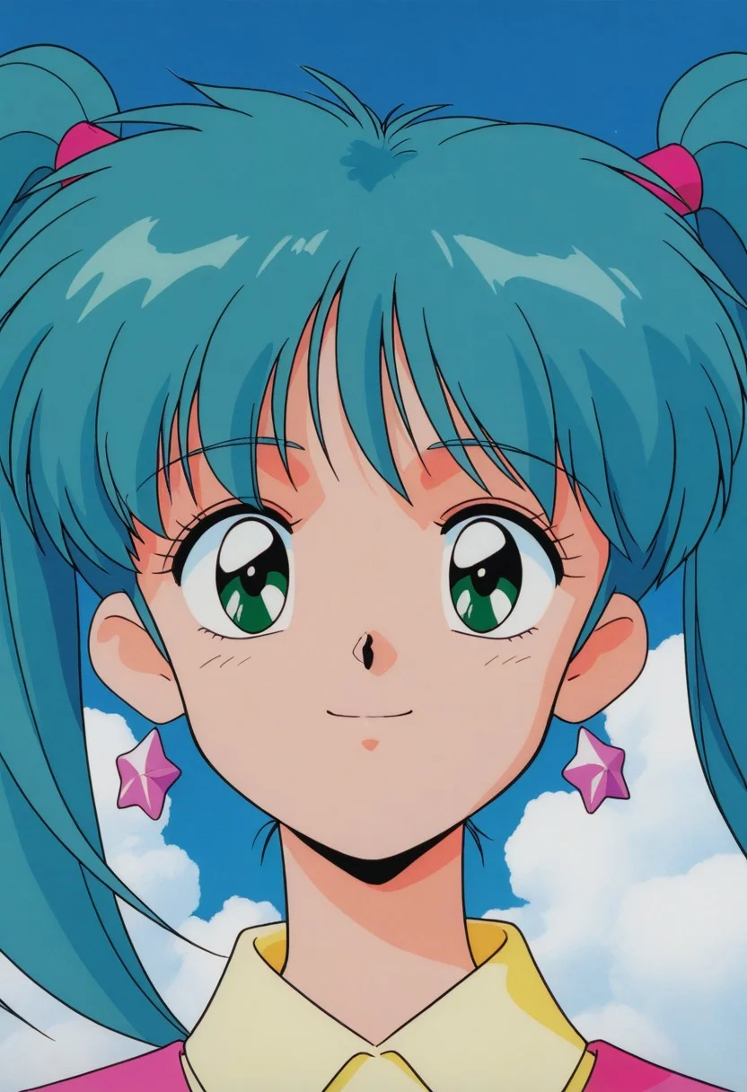 masterpiece, best quality, source_anime,official art,perfect_anatomy,1990s_\(style\),retro_artstyle,1girl, Sweet Mint, green_eyes, earrings, jewelry, long_hair, aqua_hair,twintails,shirt,looking_at_viewer,smile,portrait,close to viewer,day,blue_sky,cloud