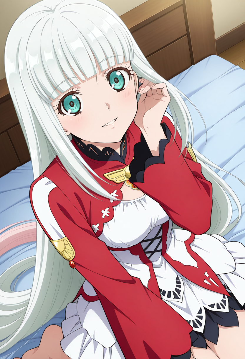 indoor, god days, bed room, sitting on bed,
BREAK,
sitting, light smile, parted lips, touching own hair, absurd  long hair, (seiza),
cowboy shot, dynamic angle,
BREAK,
<lora:lailahI_illustriousXL_v04:1>
lailahdef, silver hair, very long hair, multicolored hair, blunt bangs, pink hair, aqua eyes, straight hair,
laced collar, breast cutout, jewelry, sidelocks, white dress, red dress, multi-colored dress, long sleeves, red sleeves, wide sleeves, white overskirt,
bare feet,, source_anime, very aesthetic, anime coloring, masterpiece, 
best quality, amazing quality, ultra detailed, very aesthetic, 
detailed background, 
BREAK,