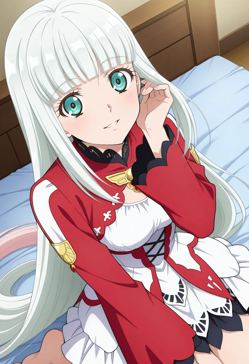 indoor, god days, bed room, sitting on bed,
BREAK,
sitting, light smile, parted lips, touching own hair, absurd  long hair, (seiza),
cowboy shot, dynamic angle,
BREAK,
<lora:lailahI_illustriousXL_v04:1>
lailahdef, silver hair, very long hair, multicolored hair, blunt bangs, pink hair, aqua eyes, straight hair,
laced collar, breast cutout, jewelry, sidelocks, white dress, red dress, multi-colored dress, long sleeves, red sleeves, wide sleeves, white overskirt,
bare feet,, source_anime, very aesthetic, anime coloring, masterpiece, 
best quality, amazing quality, ultra detailed, very aesthetic, 
detailed background, 
BREAK,