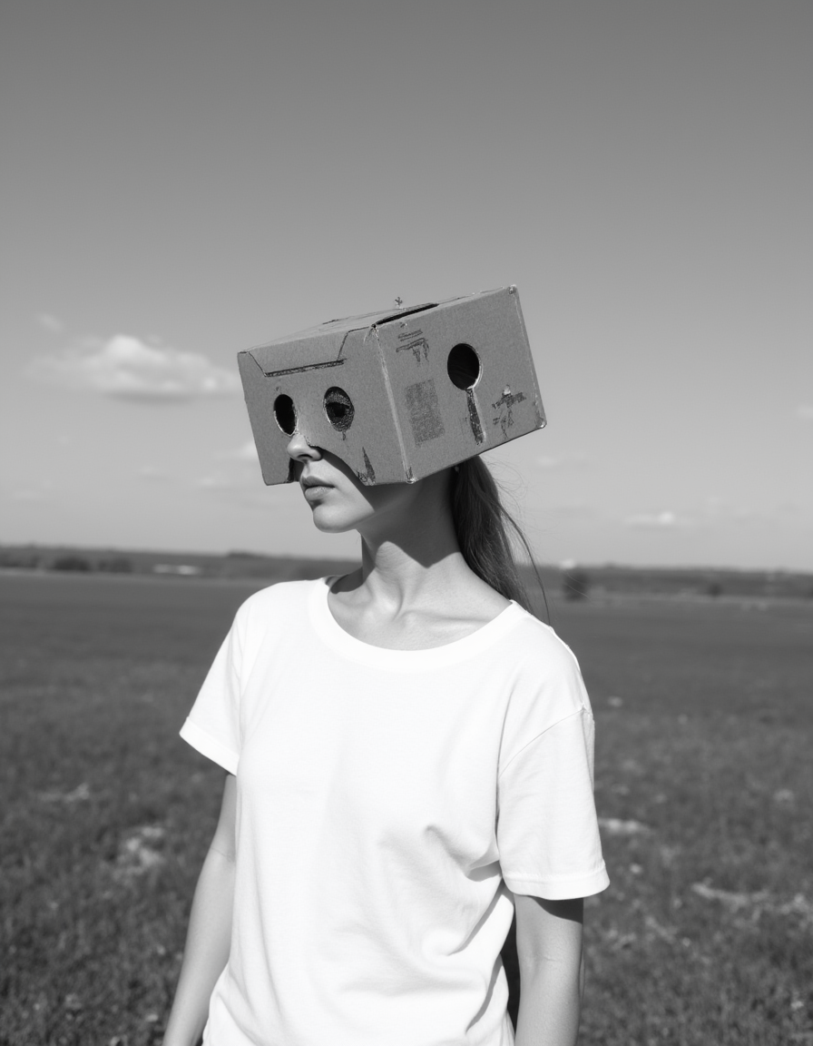 A monochromatic portrait of a person standing in a vast, open field with a clear sky overhead. The person is wearing a white shirt and has a cardboard box on their head that has two circular cutouts, possibly for eyes. The box has a distressed texture, and the person's hair is slicked back. The overall mood of the image is contemplative and serene, with the vastness of the field and sky contributing to the somber tone.
