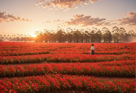 ,ruanyi0956,flower field,outdoors,sunset,<lora:0956 Red flowers everywhere_v1_pony:0.8>, score_9,score_8_up,score_7_up,,8k,1girl,solo,,