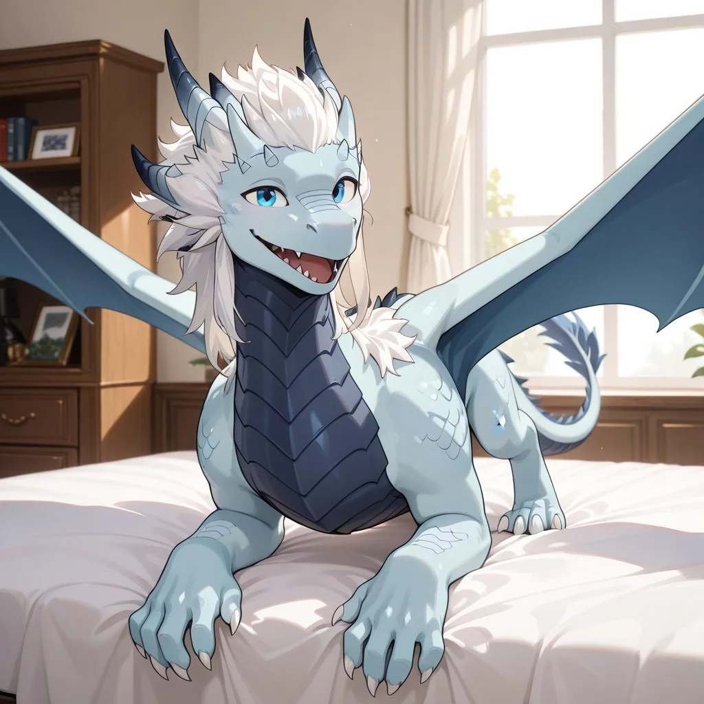1boy, highres, absurdres, newest, masterpiece, best quality, furry, furry_male, azymondias_tdp, dragon, light blue scales, white hair, blue wings, horns, tail, claws, blue eyes, 1boy, (quadruped, feral:1.3), detailed eyes, (on_stomach:1.1), open_mouth, open mouth smile, happy smile, luxurious detailed room, bright room, day scene, professional lighting, white bed, solo, bedroom, smiling, looking_at_viewer, masterpiece, close up, safe