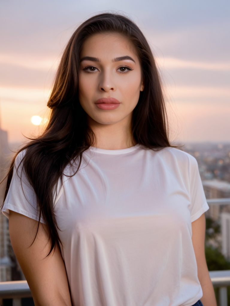 score_9, score_8_up, score_7_up, Al3x4Scout, Alexa Scout, <lora:Al3x4Scout-pony:1>, cinematic, ultra detailed, portrait, 1girl, makeup, lips, long hair, dark hair, big lips, wearing big baggy shirt, cityscape, 1980s, solo, looking at viewer, bokeh, focus, film, velvia, artistic, best quality, photograph, focus, face focused, magic hour, photography, warm light, sunset, movie still,