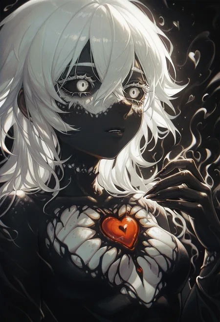 1girl , black sclera , white eye , hollow chest hole , cleavage , white freckles , ebony skin , black skin , white eyelashes , long eyelashes , aura , (exposed heart , beating heart , black heart) ,
masterpiece, best quality ,amazing quality , haruwosi , abstract , abnormal ,absurd ,