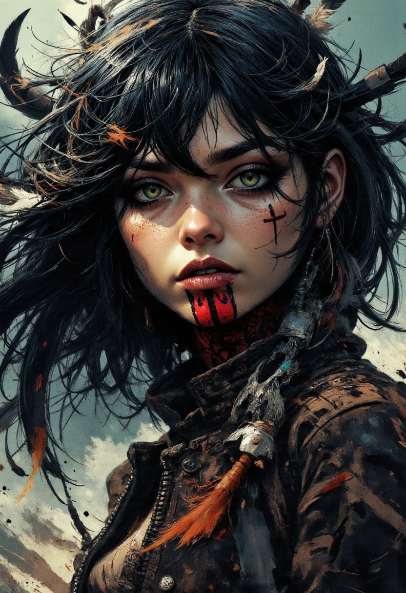 nistyle, A gritty Monochrome Manga sketch close-up of a fierce Native American Sioux bounty hunter in a tattered leather jacket, her wild hair flowing as she narrowly dodges a bullet in slow motion. Feathers woven into her dark, windswept hair trail behind her. Tiny particles and dust fill the air, catching the dramatic lighting. Her piercing blue-green eyes burn with intensity, framed by a scattering of freckles and bold white lipstick. A vibrant red and black tattoo, marked with arrow symbols and crosses, covers her upper lip, chin, and throat, glowing faintly against her skin. The raw texture of her worn leather jacket contrasts with the smooth precision of her movements, capturing the desperate beauty of the moment in hyperreal detail.