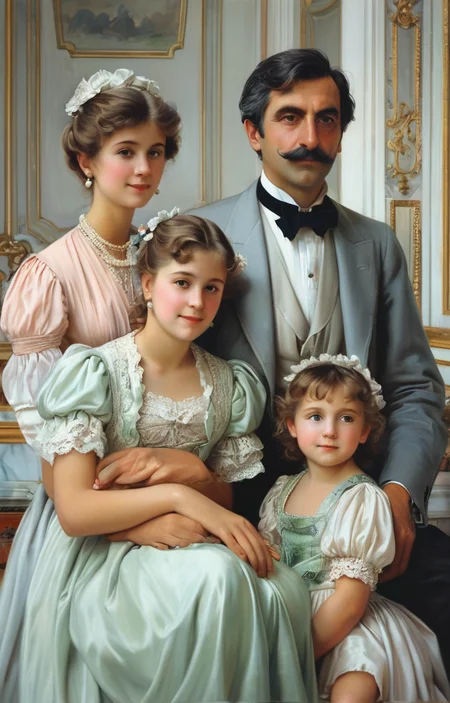 masterpiece,best quality,<lora:tbh362-sdxl:0.6>,illustration,style of Vittorio Reggianini, portrait of family