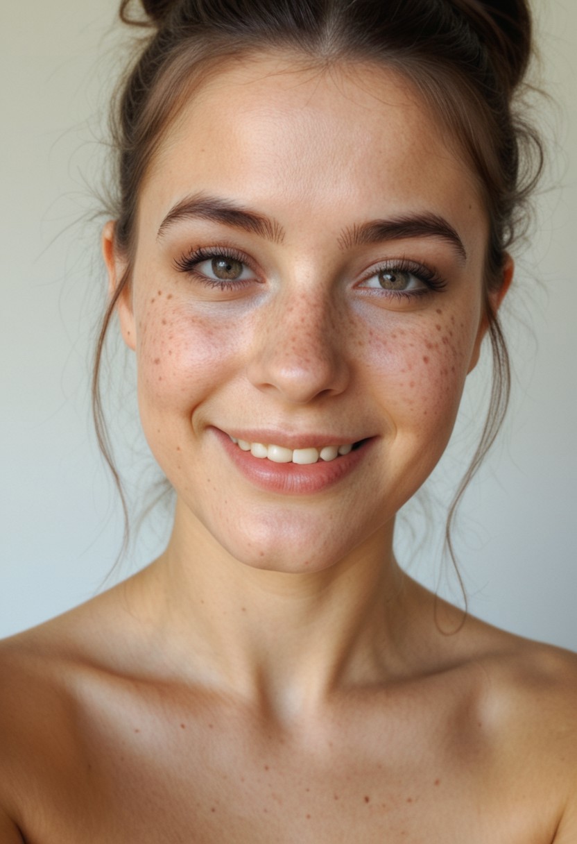 masterpiece, best quality, amazing quality, ultra realistic, soft lighting, freckles, messy bun, neutral makeup, beautiful face, detailed skin texture, slight smile, shallow depth of field, natural background