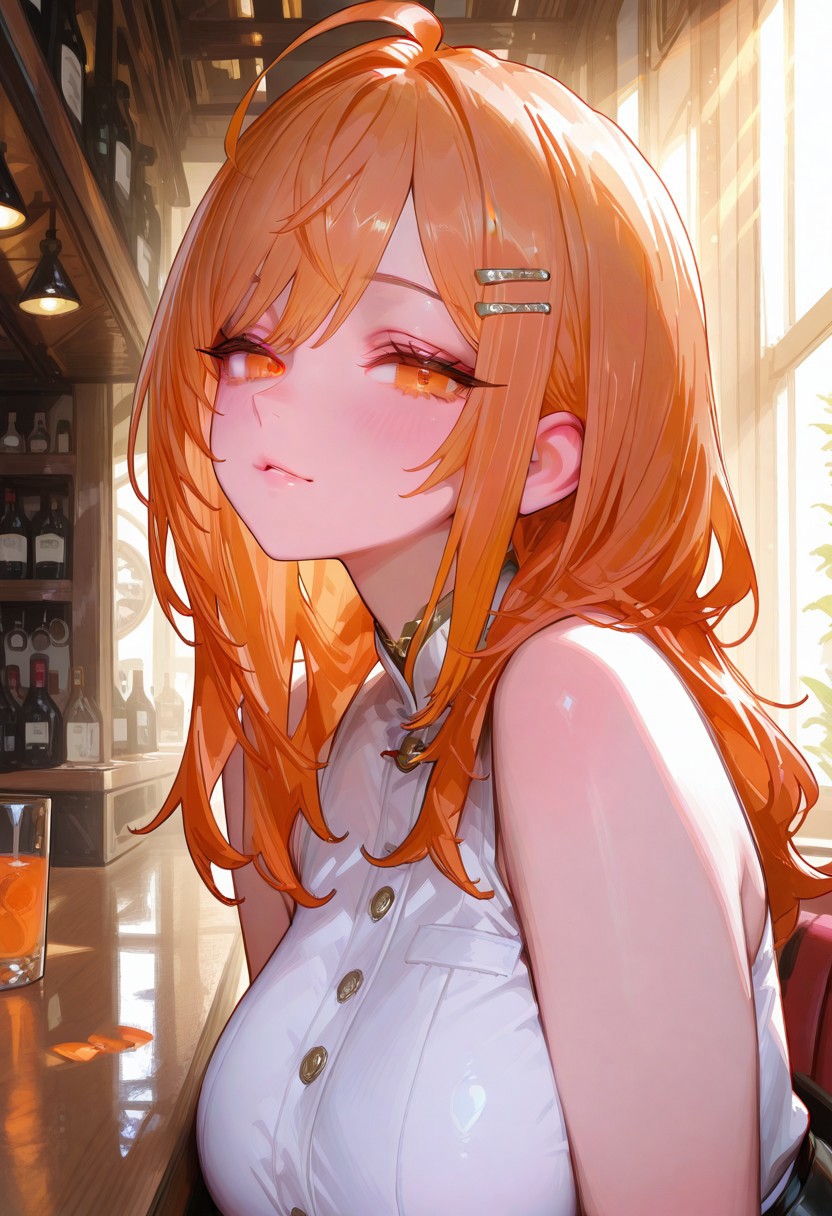 gorgeous girl, kawaii girl, cute face, masterpiece, best quality, very awa, absurdres, 748cmstyle, usnr, masterpiece, best quality, Good quality, very aesthetic, absurdres, newest, light rays, looking at viewer, direct mesmerizing gaze, gradient color, erotic, 
BREAK,
ultra-detailed, 8K, <lora:add-detail-xl:-1.5>, illustration, CG, ultra-detailed-eyes, detailed background, ambient occlusion, raytracing, soft lighting, absolutely eye-catching, intricate cinematic background, (beautiful face), eyelashes, erotic, looking seductive, coy. dynamic action image, detailed face, detailed eyes, 
BREAK,
(sexy, slutty, hot, aroused),
BREAK,
Hololive_Ririkarika, long hair, hairclip, orange hair, multicolored hair, orange eyes, large breasts, ahoge, 1 girl, bar, view from the side, flushed face, blushed, looking at viewer