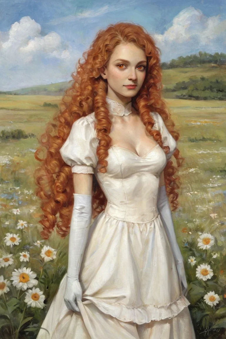 score_9, score_8_up, score_7_up, rating_safe, traditional media, realistic, 1girl, solo, long hair, curly hair, wavy hair, orange hair, orange eyes, looking at viewer, breasts, dress, white dress, puffy sleeves, puffy short sleeves, short sleeves, gloves, elbow gloves, white gloves, cowboy shot, closed mouth, standing, outdoors, field, flower, grass, plant, sky <lora:Oil Gothic Painting Style SDXL_LoRA_Pony Diffusion V6:1>