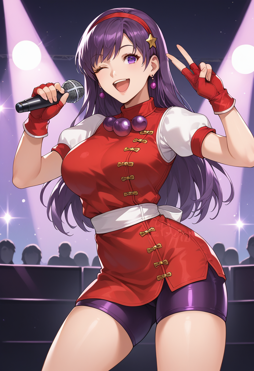 score_9, score_8_up, score_7_up,  source_anime,  BREAK  <lora:AthenaKOF98:0.9>, Athnea98, purple hair, long hair, red hairband, beads, red vest, white puffy sleeves, biker shorts, fingerless gloves, 1 girl, solo, one eye closed, holding microphone, breasts, smile, open mouth, stage, purple stage lights, hand gesture,  v