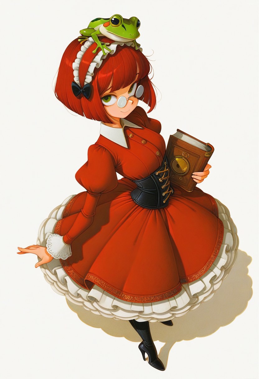 masterpiece, best quality, amazing quality, 
1girl, full_body, solo, vanillaware, green_eyes, glasses, pince-nez, short_hair, bob_cut, red_hair, bangs, frilled_hairband, collared_dress, red_dress, frills, juliet_sleeves, corset, petticoat, thigh_boots, bow, black_footwear, high_heel_boots, holding_book, frog, animal_on_head, looking_at_viewer, standing, smile, closed_mouth, from_side, from_above, simple_background, white_background, 
fr-pi-il