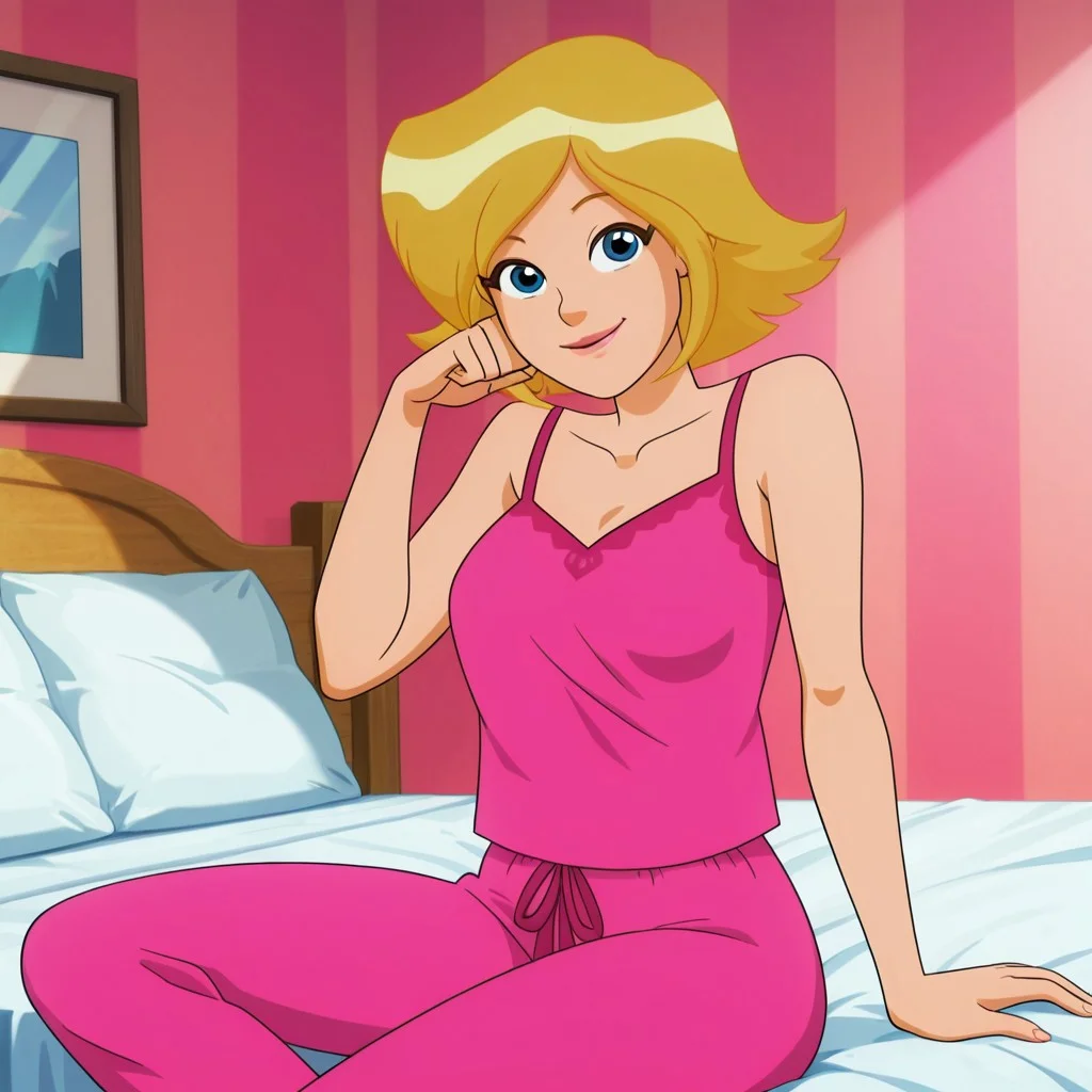 masterpiece, best quality, good quality, 1girl, solo, cartoon, totally_spies_2k24, cl0ver, blonde hair, blue eyes, pink pajamas, sexy, large breasts, beautiful, detailed, high detailed, very beautiful, detailed face, detailed eyes, detailed hand, fingernails, inside, bedroom, smile, posing, pose, sitting on bed, looking at viewer, face focus