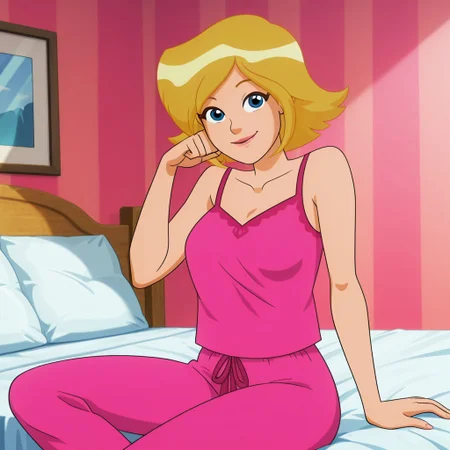 masterpiece, best quality, good quality, 1girl, solo, cartoon, totally_spies_2k24, cl0ver, blonde hair, blue eyes, pink pajamas, sexy, large breasts, beautiful, detailed, high detailed, very beautiful, detailed face, detailed eyes, detailed hand, fingernails, inside, bedroom, smile, posing, pose, sitting on bed, looking at viewer, face focus