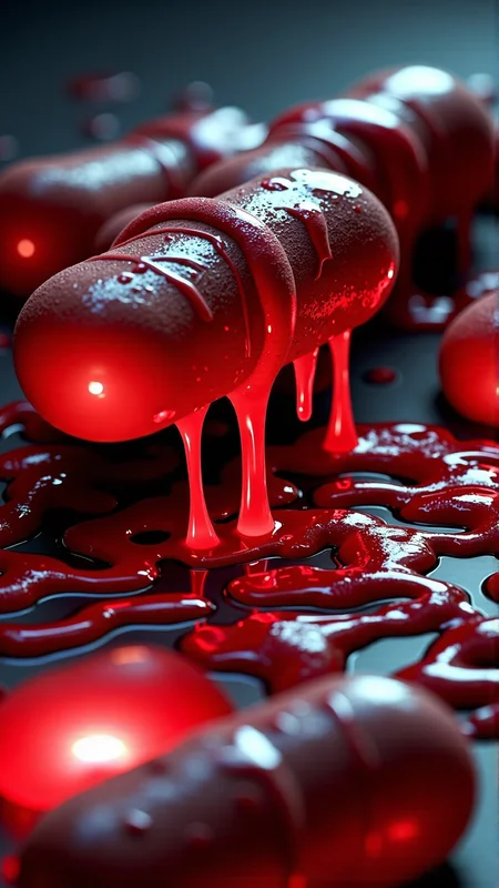 A realistic photo, dark style, atmospheric, of a CarnageStyle red bloody gore violence darkness black blood Pill, wet, NSFWphotography,tight framing,eye-level angle,soft lighting,surrealism,glow effect,Analogous color palette,flowing,(macro view:1.4),shot on Nikon Z50 with Nikon Z DX 16-50mm f-3.5-6.3 <lora:CarnageStyleFlux:1>