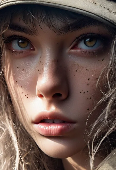 (((extremely details of eyes and face))) photo of Supermodel sexy shy girl 18yo with long messy hair, puffy lips glossy and intricate details on her face, freckles, backlighting, military navy , white officer's uniform, weathered and wrinkled complexion, captain's cap, sexy eyes, charming and seductive, piercing and hypnotizing eyes, very charismatic and intimidating, 8k, best quality, hyper detailed, ultra detailed, ultra high definition, 8k, super sharp focus, golden ratio, great detail of textures, sky of a terrible storm, ((masterpiece))