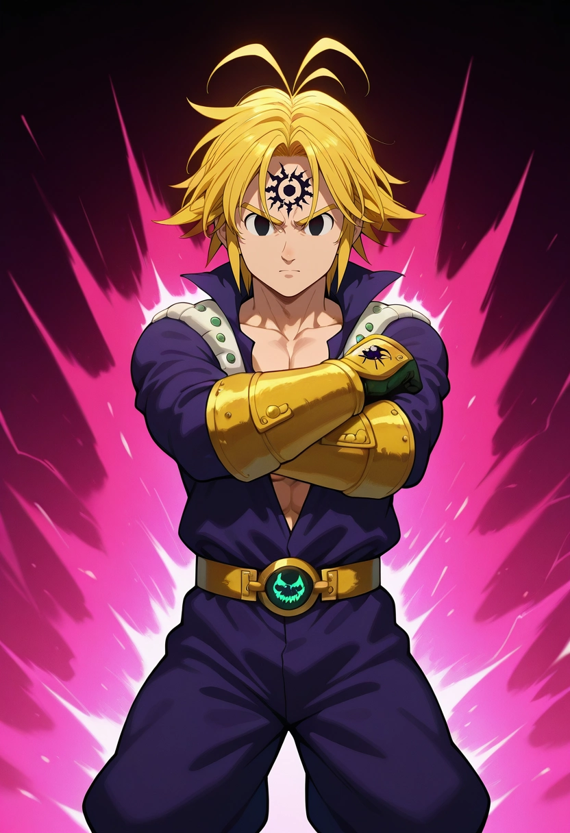 masterpiece, best quality, intricate details, (photorealistic:0.6), looking at viewer, 1boy, solo, male focus, <lora:meliodas_nanatsu_no_taizai_ilxl:0.94>, meliodas_nanatsu_no_taizai, blonde hair, short hair, antenna hair, facial mark, empty eyes, black eyes, forehead mark, demon form, demon outfit, stormy cliffside, thunder-laden skies, crashing waves, rugged paths, bracing pose, resilient expression, tempest light, Harem pants, Harrington jacket, Oxfords, ,