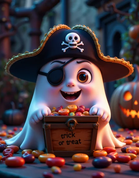 A tiny ghost wearing a pirate hat and an eyepatch, holding a little treasure chest filled with candy with the text "trick or treat". The ghost has a friendly grin but looks mysterious in the dark. Playful and eerie Halloween style, 4K.
<lora:Cute_3d_Cartoon_Flux:0.6>