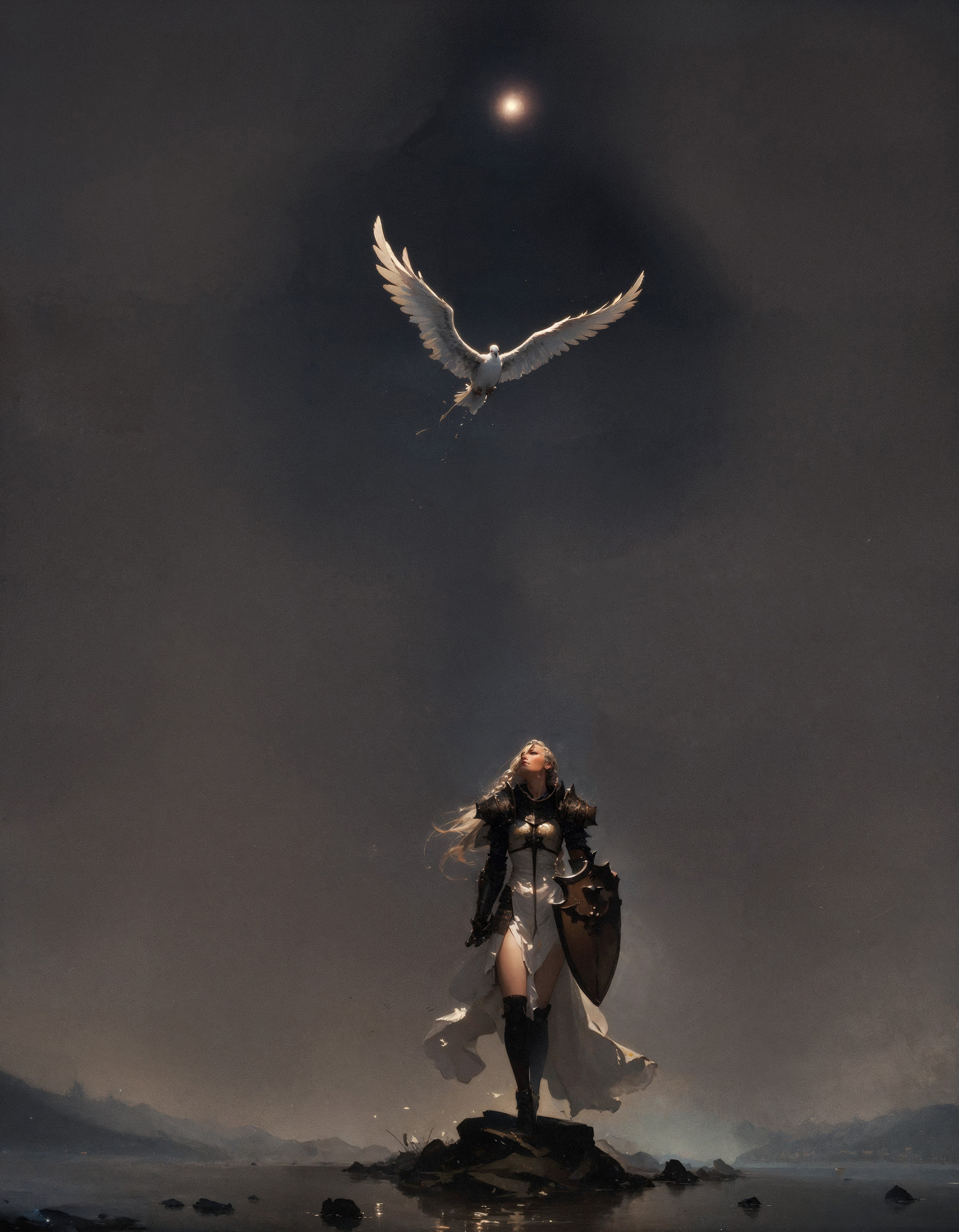 score_9, score_8_up, score_7_up, score_6_up, score_5_up, score_4_up,  masterpiece, high quality, full body, angel wings, large feather wings, solo, crsadr, knight, pauldrons, full armor, long hair, gauntlets, holding shield, shield on the ground, pelvic curtain, braid, side cut, panoramic, white fabric, (simple background, black background:1.2)