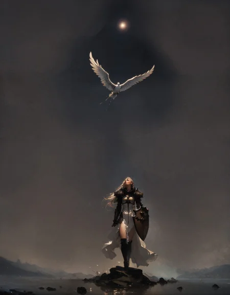 score_9, score_8_up, score_7_up, score_6_up, score_5_up, score_4_up, masterpiece, high quality, full body, angel wings, large feather wings, solo, crsadr, knight, pauldrons, full armor, long hair, gauntlets, holding shield, shield on the ground, pelvic curtain, braid, side cut, panoramic, white fabric, (simple background, black background:1.2)