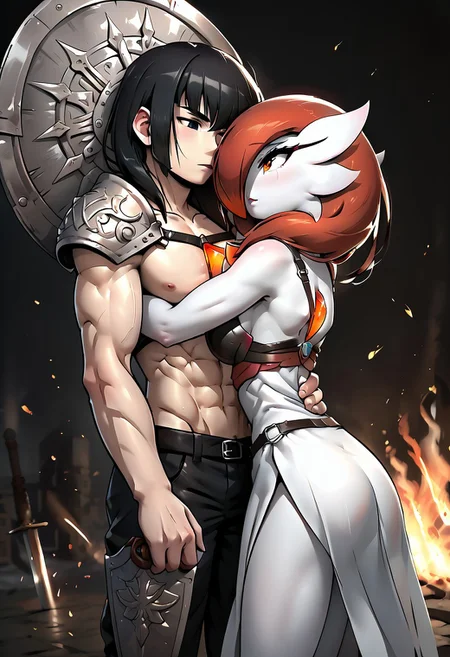 score_9, score_8_up, score_7_up, source_anime, embedding:zPDXL, 1girl, (((gardevoir))), female, anthro, pale white skin, 1boy, male , wearing heavy armor, stoic, muscular, slender, long bangs, black hair, black eyes, standing firm, guarding a gate, shield strapped to forearm, gripping a sword by the grip, fire behind,1boy 1female, hug, lovely kiss, hetero, light brown guy, red hair girl, big boobs