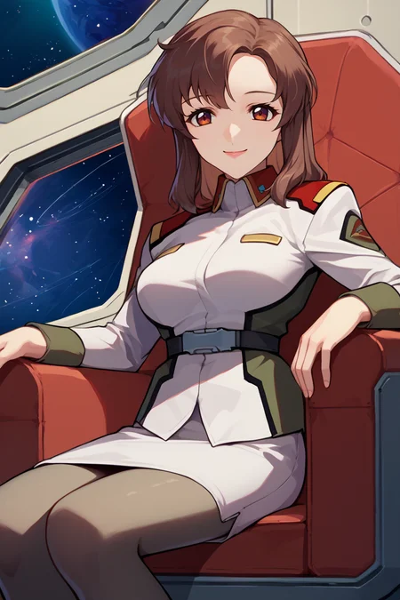 score_9, score_8_up, score_7_up, score_6_up, source_anime, BREAK 1girl, solo, <lora:murrue-pdxl-nvwls-v1-000005:1> murrue ramius, brown hair, white uniform, belt, white skirt, pantyhose, breasts, space station, indoors, outer space, sitting in chair, looking at you, smile