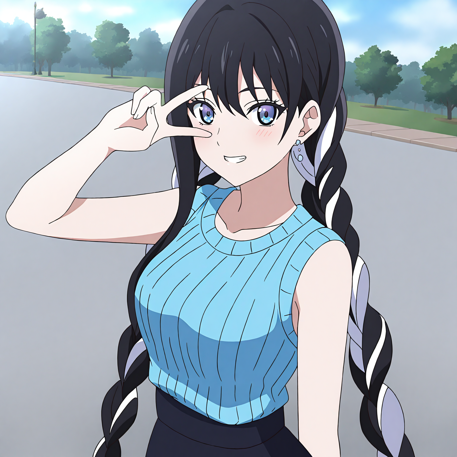 <lora:Yuki onna2-000018:0.7>Yuki onna,solo,looking at viewer,twin braids,casual suit,light blush,seductive smile,teeth,v over eye,outdoors,park,sidelocks,