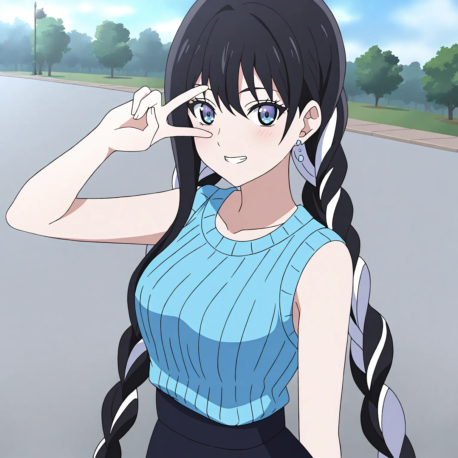 <lora:Yuki onna2-000018:0.7>Yuki onna,solo,looking at viewer,twin braids,casual suit,light blush,seductive smile,teeth,v over eye,outdoors,park,sidelocks,