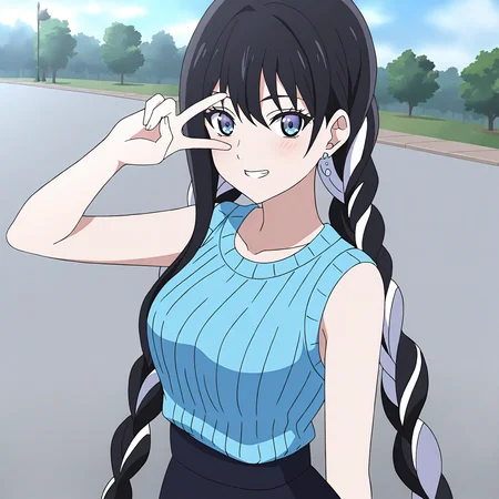 <lora:Yuki onna2-000018:0.7>Yuki onna,solo,looking at viewer,twin braids,casual suit,light blush,seductive smile,teeth,v over eye,outdoors,park,sidelocks,