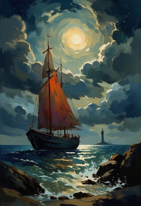 Create a photorealistic  drawing in the style of Ivan Aivazovsky depicting a stormy sea. Image is drawn with oil on canwas with characteristic brush strokes and texture. Under the eerie glow of a full moon, a dark and ominous ocean landscape unfolds. A vibrant, (fishing sail ship:1.4) stands by the edge of a serene ocean, its vivid hues contrasting starkly with the foreboding atmosphere. Ship from side view, In the background, a lighthouse stands atop jagged rocks, its light cutting through the darkness and reflecting off the ocean's surface, glistening in the moonlight. Thick, swirling clouds loom overhead, adding to the sense of an evil presence. The moonlight filters through the clouds, casting an otherworldly glow over the scene. A falling star streaks across the sky, adding a touch of mysticism to the night. The air is thick with a sense of ancient secrets and dark magic, as if the very night is alive with hidden power. OverallDetailXL, highly detailed, aesthetic, great lighting, extremely detailed,  award winning, perfect composition, a rich and complex image of nature, a vibrant tissue of hues and textures captured digitally, best quality, realistic, captivating, intricately detailed, hyper detailed, maximalist style, photorealist, sharp focus, dynamic lighting, superb composition, finest details, highest aesthetics, best quality, sharp focus, high contrast, stylized, clear, colorful, ultra quality, 8k, best quality, masterpiece,midjourneyv6.1