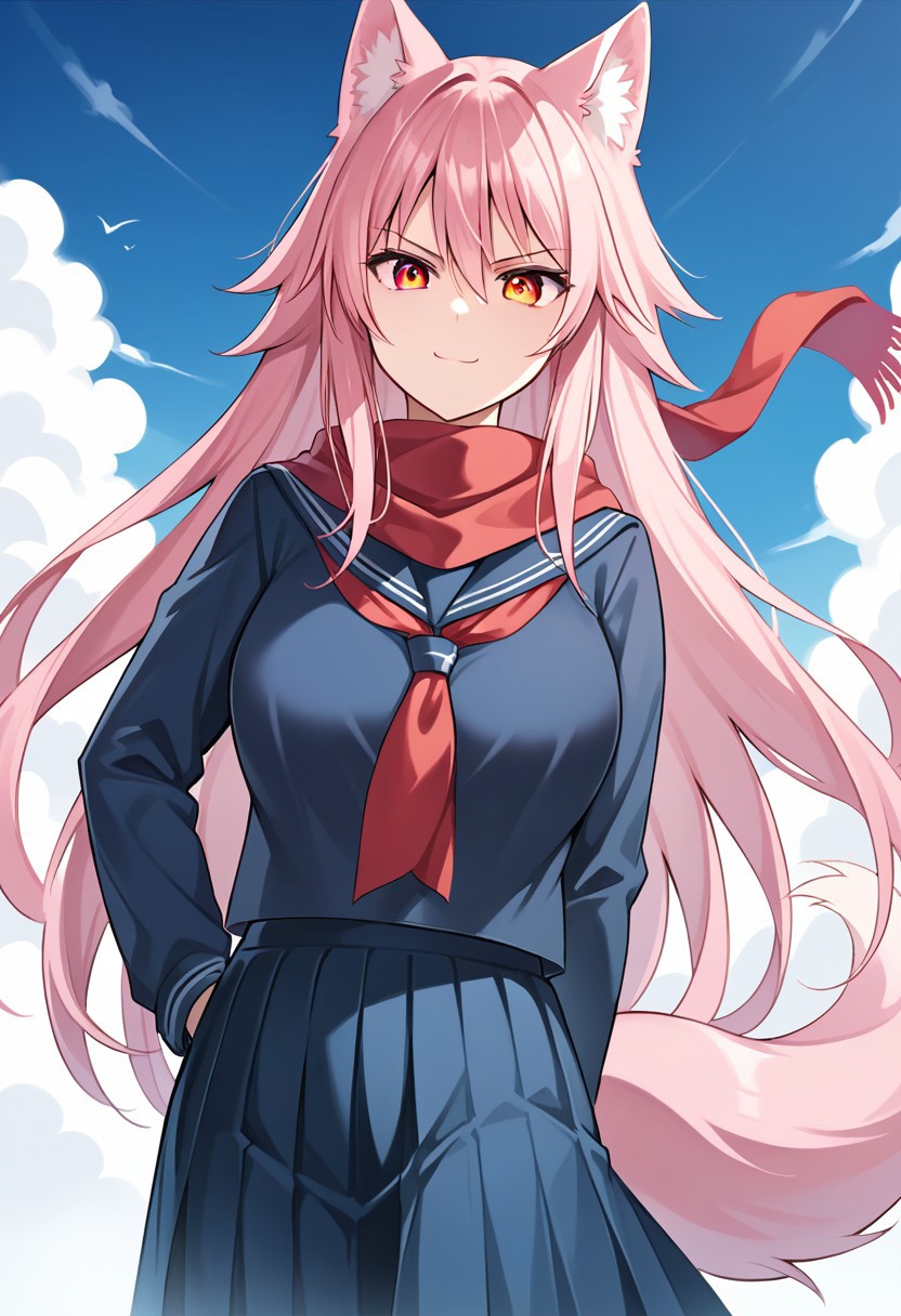 core_9, Score_8_up, Score_7_up, core_9, Score_8_up, Score_7_up, 1girl, Ferryl Ookami, wolf girl, long hair, pink hair, wolf ears, ear fluff, fluffy wolf tail, wolf tail, big breasts (orange eyes: 1.1), very long skirt, school uniform, pleated skirt, serafuku, blue skirt, blue jacket, long sleeves, scarf, red scarf, serious look, upset, smiling, looking at the spectator, standing, in a meadow, blue sky, beautiful sky