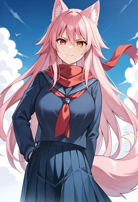 core_9, Score_8_up, Score_7_up, core_9, Score_8_up, Score_7_up, 1girl, Ferryl Ookami, wolf girl, long hair, pink hair, wolf ears, ear fluff, fluffy wolf tail, wolf tail, big breasts (orange eyes: 1.1), very long skirt, school uniform, pleated skirt, serafuku, blue skirt, blue jacket, long sleeves, scarf, red scarf, serious look, upset, smiling, looking at the spectator, standing, in a meadow, blue sky, beautiful sky