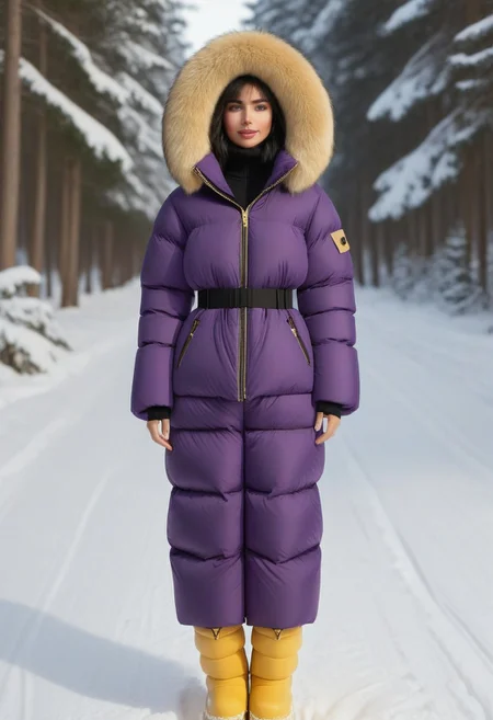 ((((puffer padded jacket)))), ((((puffer padded coat)))), ((((full body)))), ((((fur boots)))), ((((puffer pants)))), ((((puffer hood up)))), winter, snow, forest, 1girl, solo, (masterpiece), detailed face, detailed eyes, (beautiful detailed eyes:1.5), sidelighting, (super detail, hyper detail, intricate_details, detailed), (semi realistic:1.6), (Bob cut), blunt bangs,(black hair), (purple eyes, eyelashs), tanned skin, smug smile, angry face, Golden jewelery, golden rings, golden necklace, golden armlets, golden chains, padded cuffs, padded collar, Thick padded cuffs, Thick padded collar, <lora:Collar-SDXL:0.6>, <lora:Cuffs-SDXL:0.6>, <lora:Puffer_Jacket_and_Down_Jacket_-_Extra_Puffy_Jackets:0.4>, <lora:snowpants_v1:0.4>