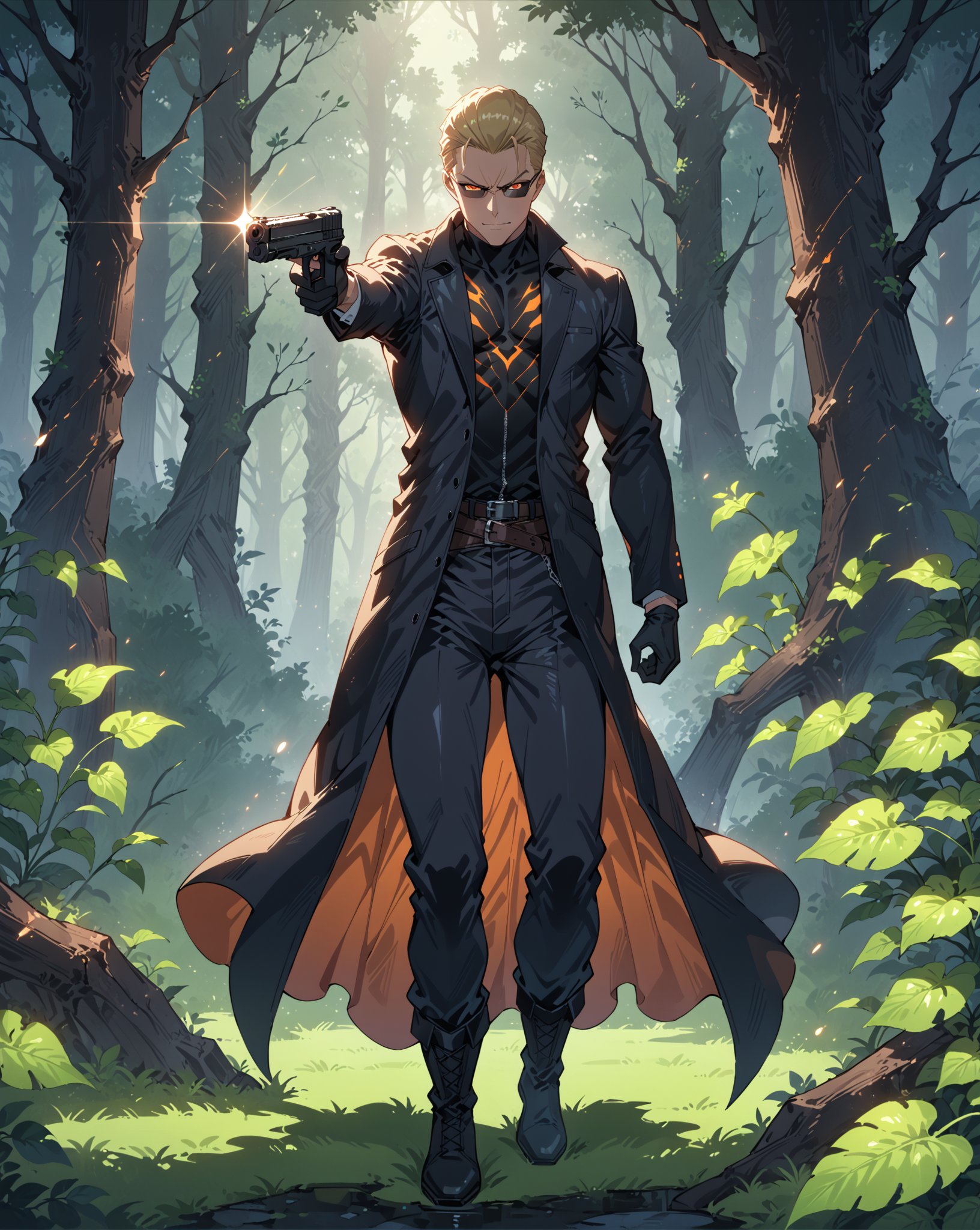 score_9, score_8_up, score_7_up, score_6_up, source_anime, rating_explicit, ah1, best quality, (masterpiece:1.4), (high quality:1.4), sharp focus, 4k, absurd resolution, <lora:albertwesker-guy-PONYv1:0.8> albertwesker, albert wesker, 1boy, solo, blonde, black gloves, sunglasses, belt, pants, black coat, black pants, looking at viewer, toned, athletic, fit, slicked back hair, black turtleneck, zipper, mature male, (graphene textured clothes), black boots, (an eerie forest, with overgrown vegetation, dark shadows, ghostly whispers, and chilling atmosphere), bad-hands-5, ((intense gaze, deliberate smile, sensual glow, looking left expression)), <lora:xl_more_art-full_v1:0.4>, <lora:shinyskin2:0.3> glistening skin, <lora:aesthetic_anime_v1s:0.4>, <lora:Expressive_H:0.4> Expressiveh, <lora:hairdetailpxl:0.4> hairdetailpxl, <lora:EpicF4nta5yXL:0.4>, <lora:detailxl:0.4> detailxl, <lora:Fant5yP0ny:0.4>, (focused, intense glare), slit pupils, short hair, (reddish orange eyes), <lora:YusufDikecGunPose_pdxl_Incrs_v1:0.8> holding weapon, holding gun, handgun, hand in pocket, aiming, full body, illustration, Volumetric_Lighting, ultra-detailed, very aesthetic, intricate details, absurdres, 8k, masterpiece, best_quality,