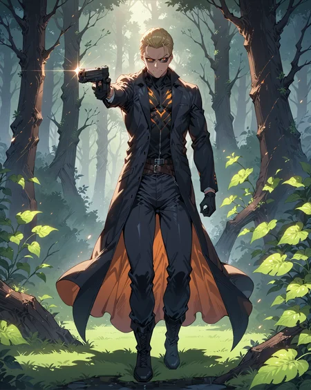 score_9, score_8_up, score_7_up, score_6_up, source_anime, rating_explicit, ah1, best quality, (masterpiece:1.4), (high quality:1.4), sharp focus, 4k, absurd resolution, <lora:albertwesker-guy-PONYv1:0.8> albertwesker, albert wesker, 1boy, solo, blonde, black gloves, sunglasses, belt, pants, black coat, black pants, looking at viewer, toned, athletic, fit, slicked back hair, black turtleneck, zipper, mature male, (graphene textured clothes), black boots, (an eerie forest, with overgrown vegetation, dark shadows, ghostly whispers, and chilling atmosphere), bad-hands-5, ((intense gaze, deliberate smile, sensual glow, looking left expression)), <lora:xl_more_art-full_v1:0.4>, <lora:shinyskin2:0.3> glistening skin, <lora:aesthetic_anime_v1s:0.4>, <lora:Expressive_H:0.4> Expressiveh, <lora:hairdetailpxl:0.4> hairdetailpxl, <lora:EpicF4nta5yXL:0.4>, <lora:detailxl:0.4> detailxl, <lora:Fant5yP0ny:0.4>, (focused, intense glare), slit pupils, short hair, (reddish orange eyes), <lora:YusufDikecGunPose_pdxl_Incrs_v1:0.8> holding weapon, holding gun, handgun, hand in pocket, aiming, full body, illustration, Volumetric_Lighting, ultra-detailed, very aesthetic, intricate details, absurdres, 8k, masterpiece, best_quality,