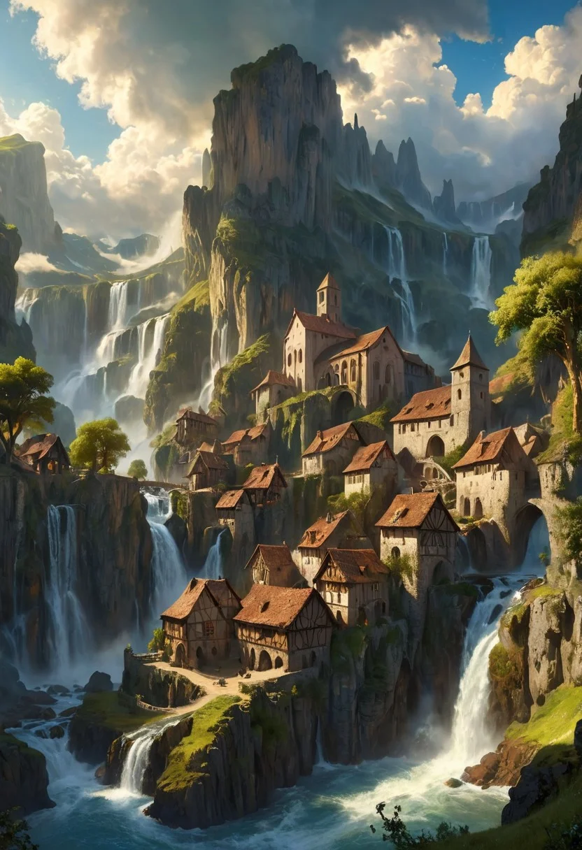 A beautiful rendition of a small medieval hamlet in the mountains near a waterfall, (cumulus clouds:1.4), dramatic composition, cinematic, concept art, golden ratio, matte painting, Marc Simonetti, Sergey Vasnev, Anato Finnstark, artstation, 8k, high resolution, (masterpiece:1.2), best quality