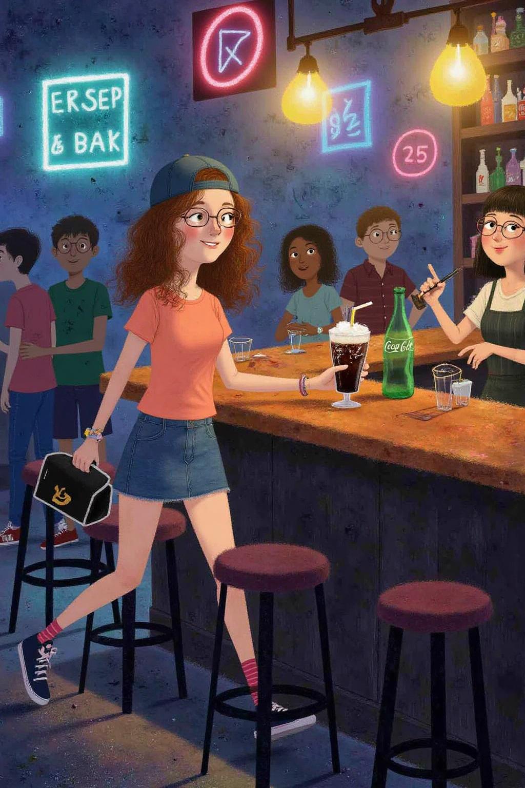 macha1 illustration. 
The air buzzes with the energy of a busy bar, a mix of music, conversation, and the clinking of glasses. A barmaid, the embodiment of youthful vibrancy, navigates the lively scene. She wears a peach-coloured T-shirt, the soft fabric contrasting with the smooth, cold glass of coke she carries on a small tablet. Her short skirt adds a playful touch, and a backwards baseball cap hints at a carefree attitude. The setting and atmosphere are palpable: the warm, slightly sticky surface of the bar counter under her fingertips, the dim, colourful lighting that casts playful shadows. Sensory details are abundant: the condensation forming on the glass of coke, the texture of her denim skirt, and the way the bar lights catch the highlights in her hair. Her confident stride, her quick smile, and her efficient movements. Stylistically, the image draws inspiration from the vibrant, candid shots of nightlife photographers, with a touch of the stylized realism found in contemporary illustration. There's a deliberate contrast between the barmaid's youthful energy and the slightly worn, lived-in atmosphere of the bar, creating a dynamic and engaging image.  <lora:macha1_cap_d6a3e12:1.0><lora:827727716771009256:0>