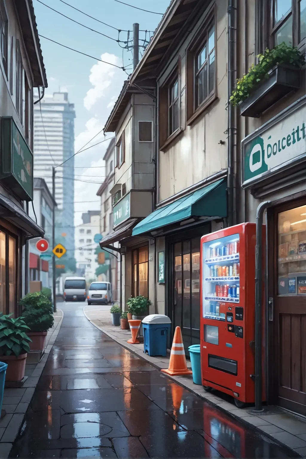 masterpiece, best quality, amazing quality, very aesthetic, absurdres, newest, unity 8k, blurry background, Depth of Field
scenery, no humans, building, power lines, stairs, outdoors, utility pole, road, street, traffic cone, city, sign, sky, window, day, lamppost, air conditioner, cityscape, vending machine, road sign, poster (object), trash can, van, plant, door, sidewalk, scooter, home, apartment, billboard, cloud, town, shop, pavement, english text, potted plant, bush
<lora:add-detail-xl:1> <lora:Anime_Background-_Style_for_Pony:0.6>