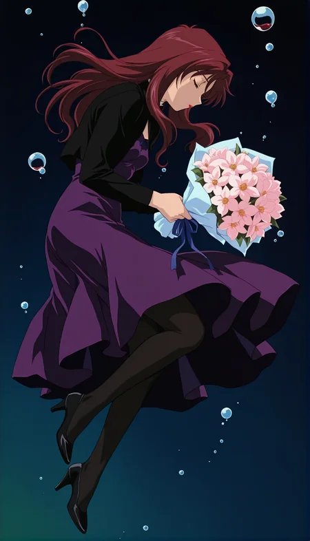 masterpiece,best quality,amazing quality,1990s \(style\),AoiFutaba tm,1girl,solo,lipstick,Wine red hair,long hair,yin (darker than black),closed eyes,pantyhose,flower,dress,bouquet,high heels,ribbon,black pantyhose,bubble,purple dress,<lora:AoiFutaba ill:0.9>,