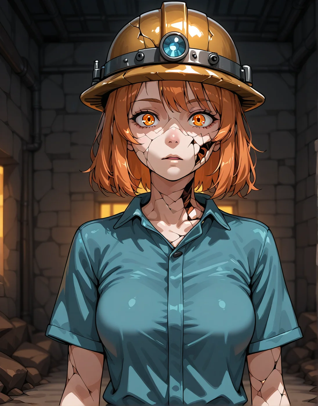 girl, in miner's uniform, medium breasts, miner's helmet, looking at viewer.realism,8k,detailed face,cracked skin <lora:ya_cracked_skin :0.8>