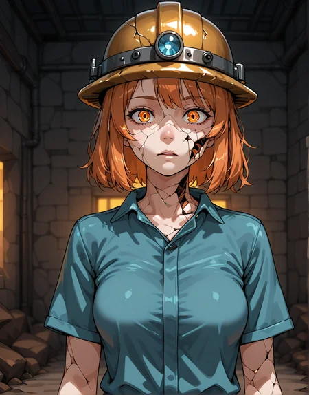 girl, in miner's uniform, medium breasts, miner's helmet, looking at viewer.realism,8k,detailed face,cracked skin <lora:ya_cracked_skin :0.8>