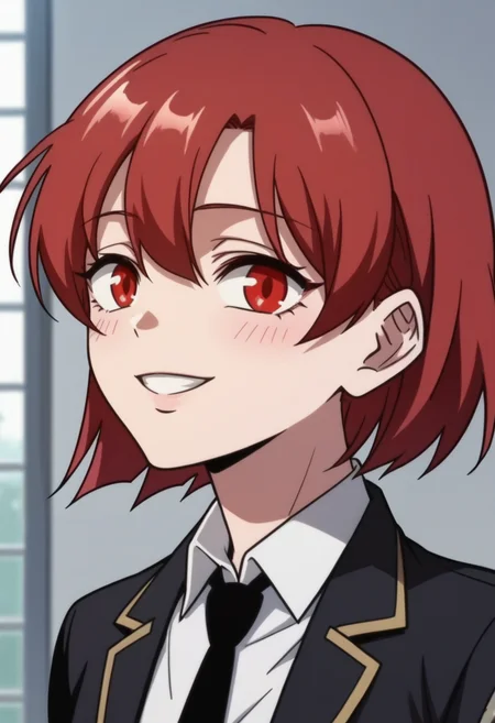score_9, score_8_up, score_7_up, source_anime,anime screencap, anime coloring,intricate details,rating_safe, masterpiece, best quality,
(best quality, absurd res, ultra detailed),1girl, ((solo)), good eyes,perfect eyes,,detailed eyes, zPDXLxxx , zPDXL3,detailed, detailed face, <lora:add-detail-xl:3>,
BREAK
<lora:Chloe:0.8>, Chloe, 1girl, red eyes, red hair, 
short hair, ,
school uniform, black jacket, white shirt, necktie,
BREAK
solo, upper body,, 
smile,,