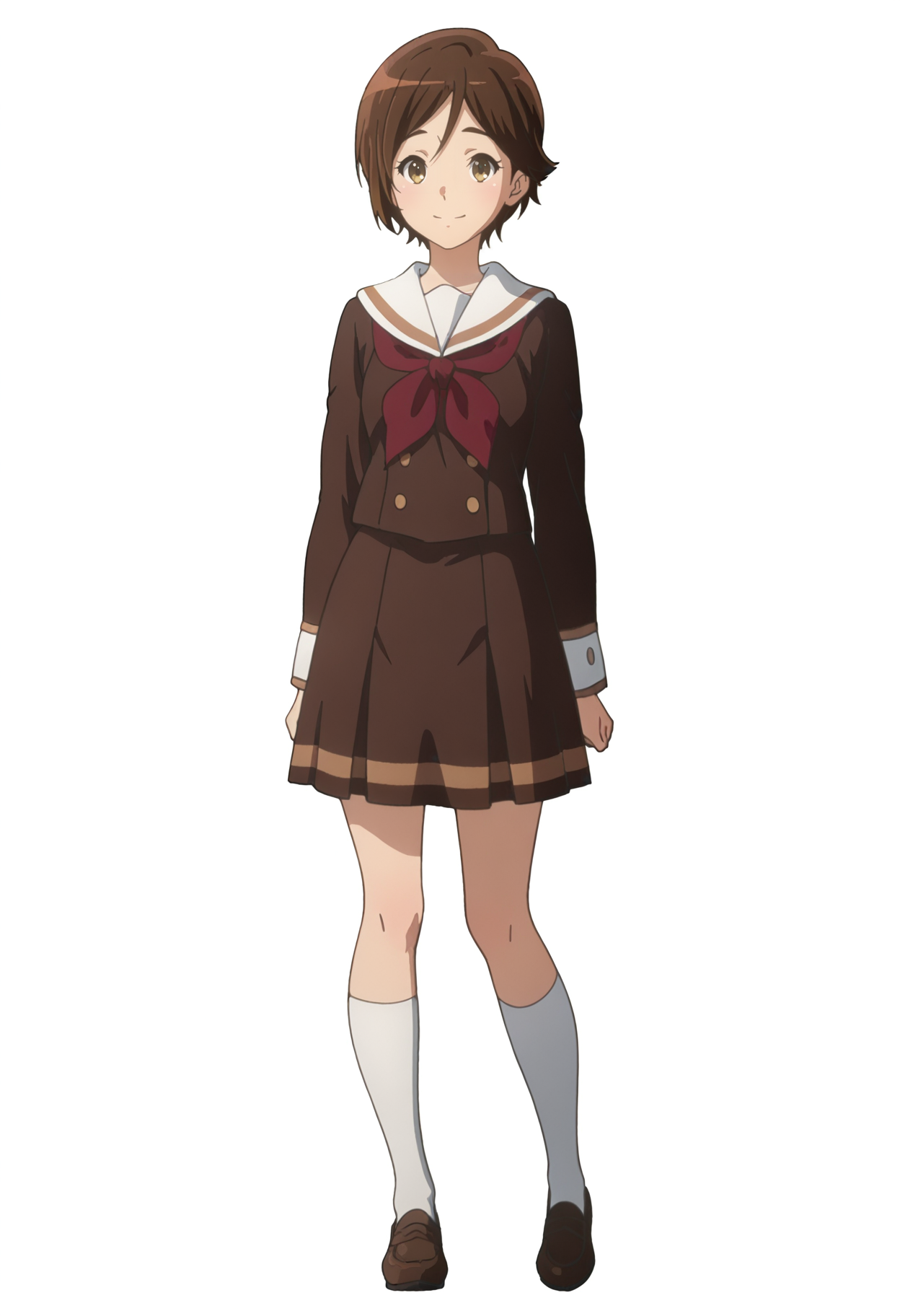 best quality, masterpiece, anime screencap, simple background, solid white background, 1girl, solo, looking at viewer, full body,  body,
<lora:Michiyo:1> mmorimoto, brown hair, brown eyes, short hair,  detailed face,  smile,kitauji high school uniform, brown school uniform,  kneehighs, loafers,