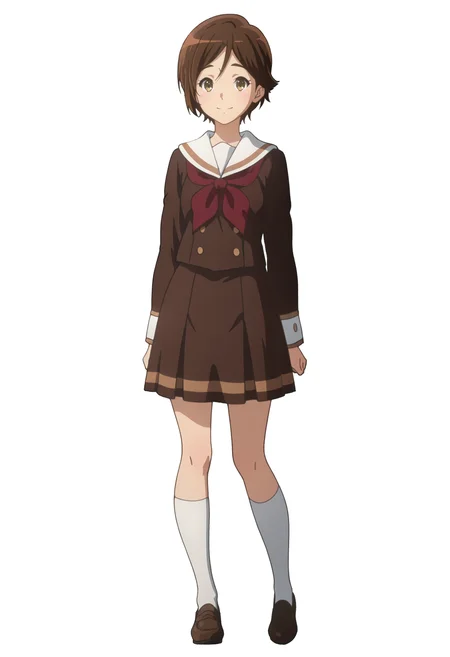 best quality, masterpiece, anime screencap, simple background, solid white background, 1girl, solo, looking at viewer, full body, body,
<lora:Michiyo:1> mmorimoto, brown hair, brown eyes, short hair, detailed face, smile,kitauji high school uniform, brown school uniform, kneehighs, loafers,