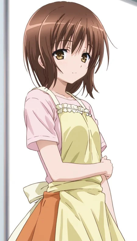 nayuhasegawa,1girl,brown hair,apron,shirt,looking at viewer,orange skirt,<lora:Nayu_Hasegawa-000010>,white background,