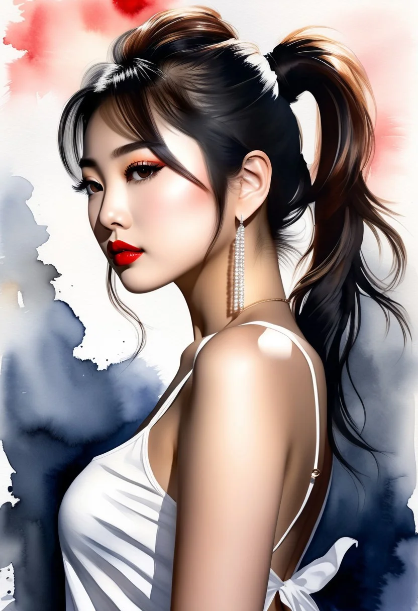 Magnificent abstract watercolor image in the style of a cinematic movie poster; ultra-crisp lines and high photorealism; low-angle, off-center view from below and the side, capturing a stunning 18 year old Japanese woman with large breasts and with a high ponytail, sultry red lips, smoky dark eyeshadow, and flawless porcelain skin; wearing a thin, loose camisole and a frayed denim shorts; adorned with layered heavy necklaces and long dangling earrings; dramatic, directional lighting casting expressive shadows; abstract, flowing background with vibrant watercolor textures; sensual and seductive atmosphere with a tasteful erotic allure; artistic, moody, and visually striking composition