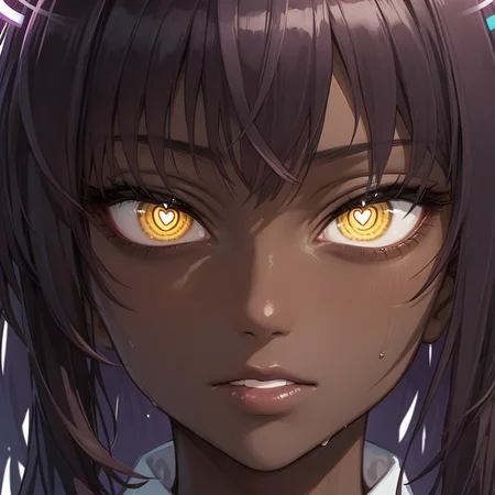 source_anime, score_9,score_8_up, score_7_up,score_6_up, (karin\(blue archive\):0.9), anime style,eyedetailxl, bettereyes, detailed_eyes, Eye Level, extreme_close-up, BREAK, 1woman, Karin, dark-skinned_female, brown skin, (yellow eyes), (heart-shaped_pupils), symbol-shaped_pupils, halo,